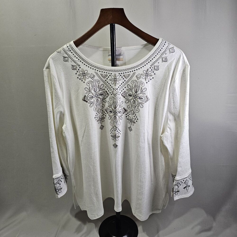 Ladies Ivory Embellished Shirt-Embroidery-X LARGE-Alfred Dunner
